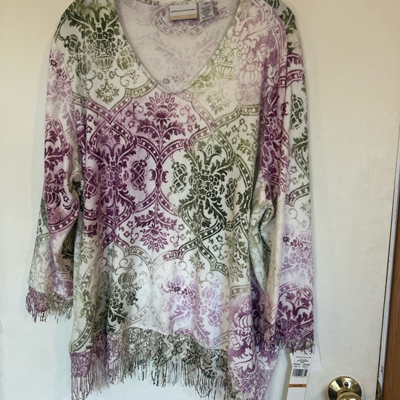 NWT 3X Alfred Dunner Green and Purple Patterned Blouse Fringe Detail - Picture 1 of 10